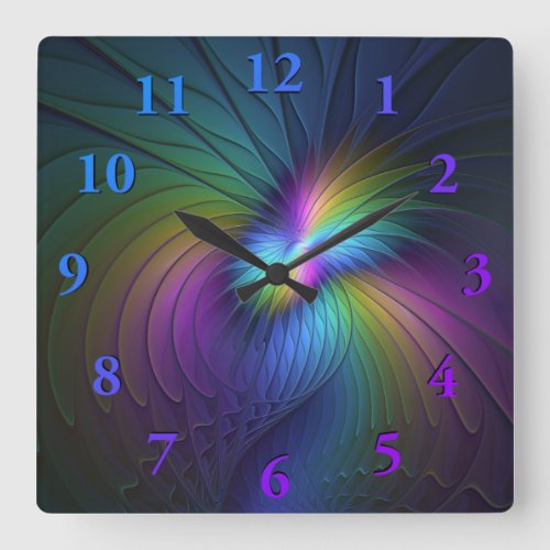 Colorful With Blue Modern Abstract Fractal Art Square Wall Clock