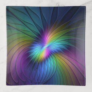 Colorful With Blue Modern Abstract Fractal Art Trinket Tray