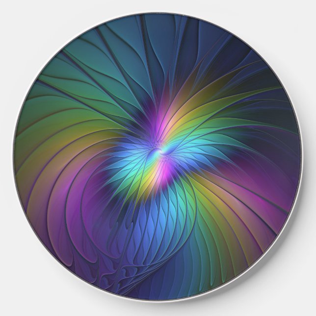 Colorful With Blue Modern Abstract Fractal Art Wireless Charger (Front)