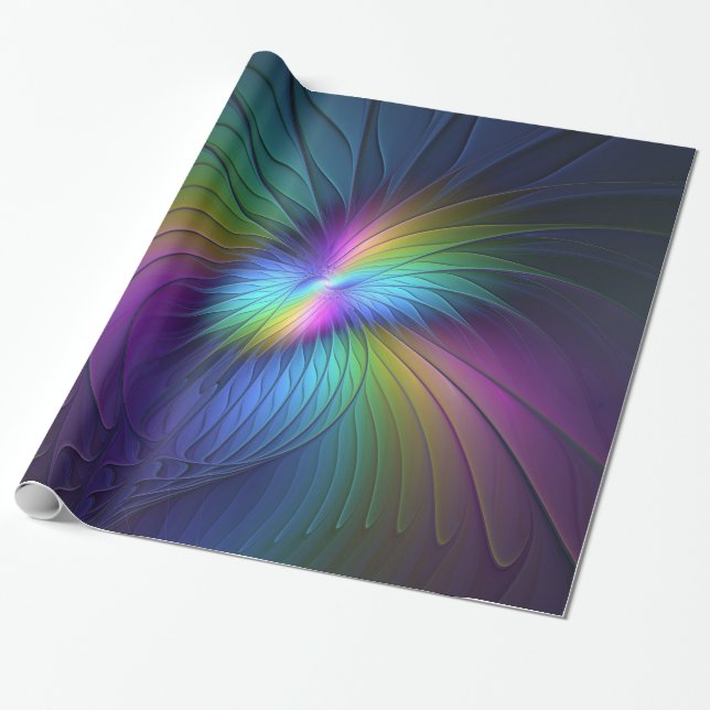 Colorful With Blue Modern Abstract Fractal Art Wrapping Paper (Unrolled)