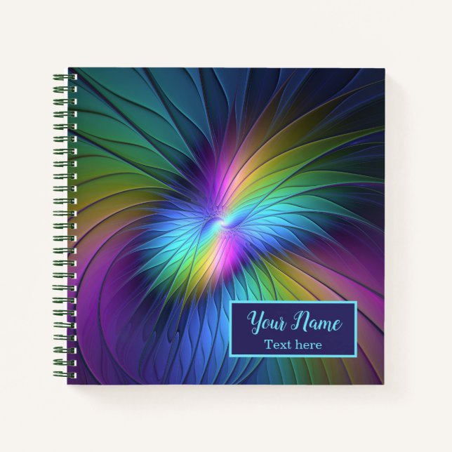 Colorful With Blue Modern Abstract Fractal Name Notebook (Front)
