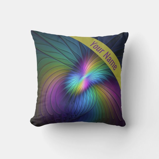 Colorful With Blue Modern Abstract Fractal Name Throw Pillow (Front)