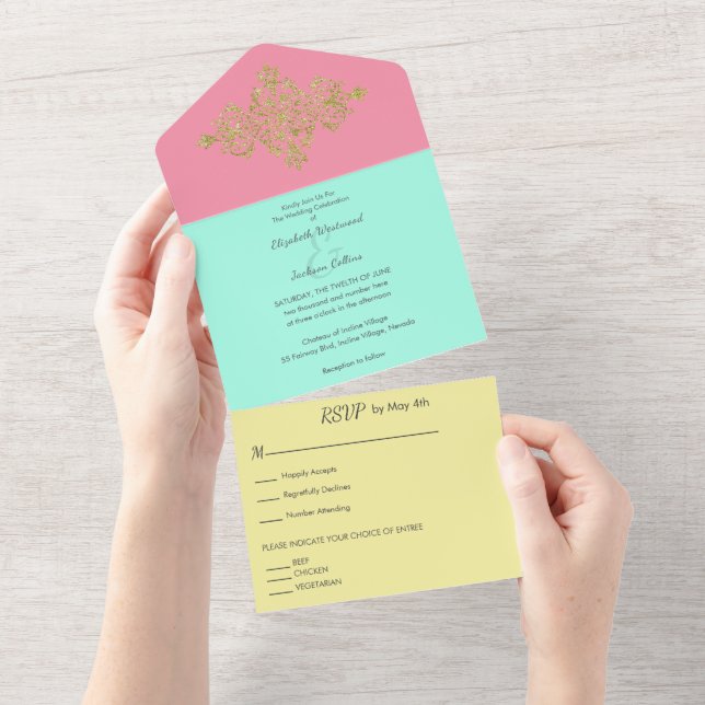Colorful with Gold Wedding All In One Invitation (Tearaway)