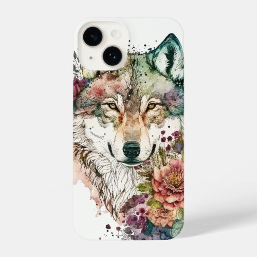 Colorful Wolf and Florals Watercolor in Nature iPhone 14 Case