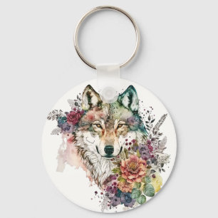 Colorful Wolf and Florals Watercolor in Nature Key Keychain