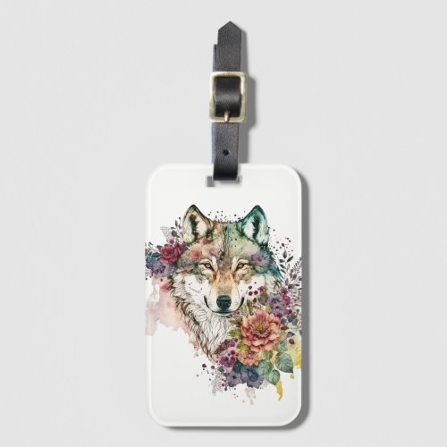 Colorful Wolf and Florals Watercolor in Nature Luggage Tag