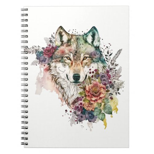 Colorful Wolf and Florals Watercolor in Nature Notebook