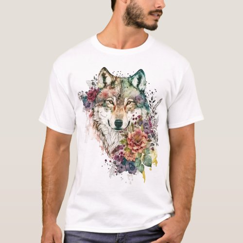 Colorful Wolf and Florals Watercolor in Nature T_Shirt