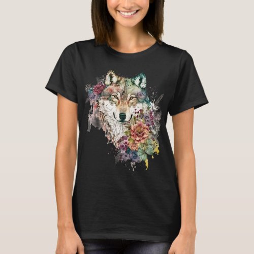 Colorful Wolf and Florals Watercolor in Nature T_Shirt