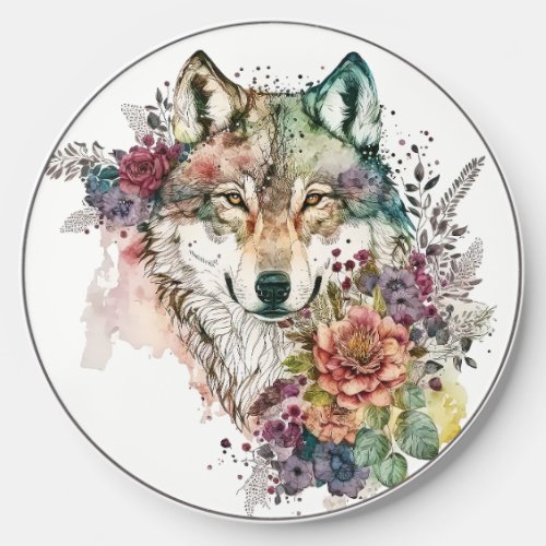 Colorful Wolf and Florals Watercolor in Nature Wireless Charger