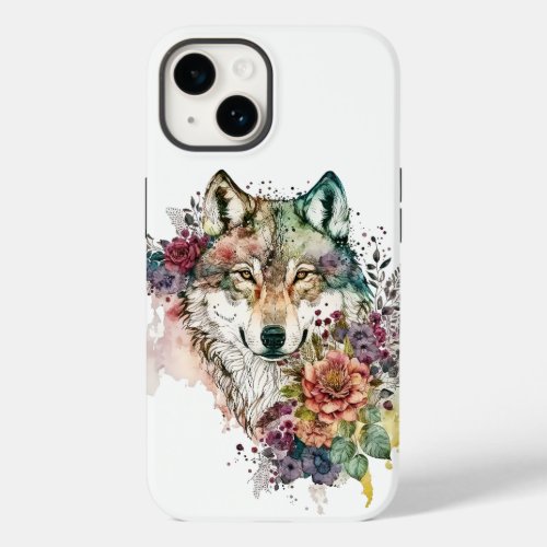 Colorful Wolf and Florals Watercolor Nature Case_Mate iPhone 14 Case