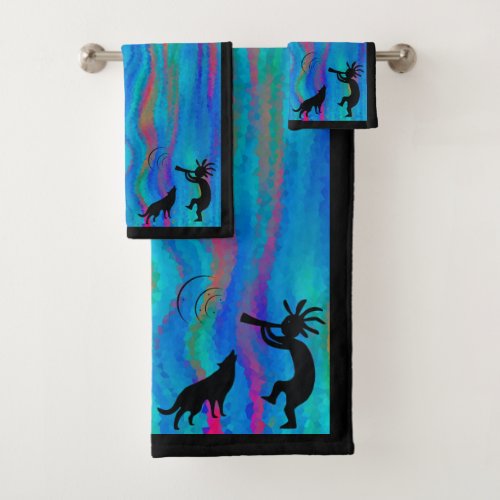Colorful Wolf and Kokopelli  Bath Towel Set