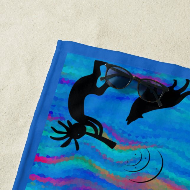 Colorful Wolf and Kokopelli Beach Towel (In Situ)