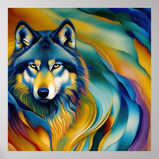 Colorful Wolf and Mountain Waves Poster (Front)