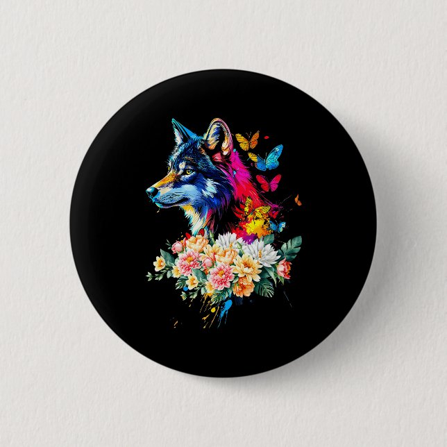 Colorful Wolf Face Cute Animals Wolves Lovers Wome Button (Front)