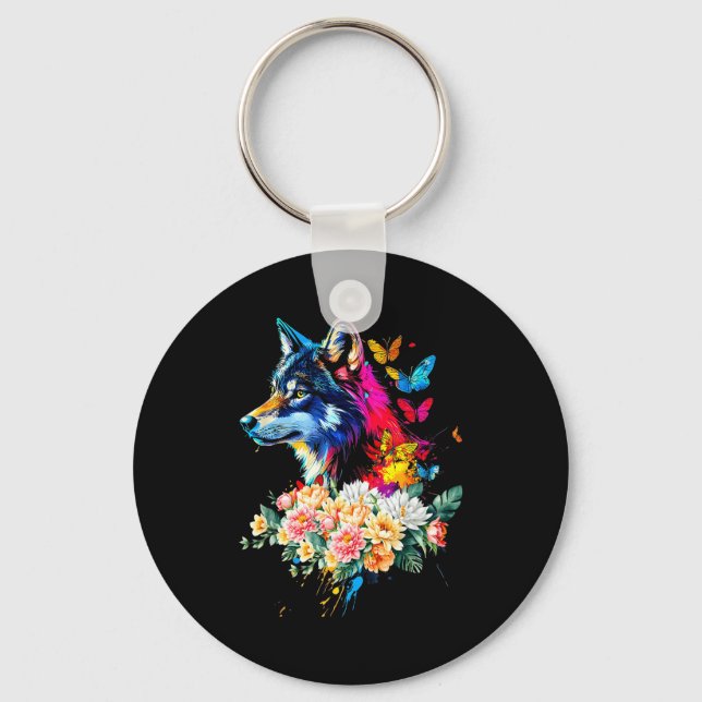 Colorful Wolf Face Cute Animals Wolves Lovers Wome Keychain (Front)