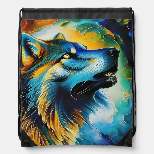 Colorful Wolf Howl Drawstring Bag