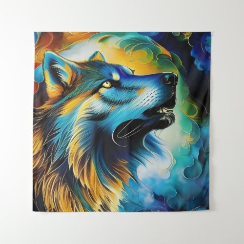 Colorful Wolf Howl Tapestry