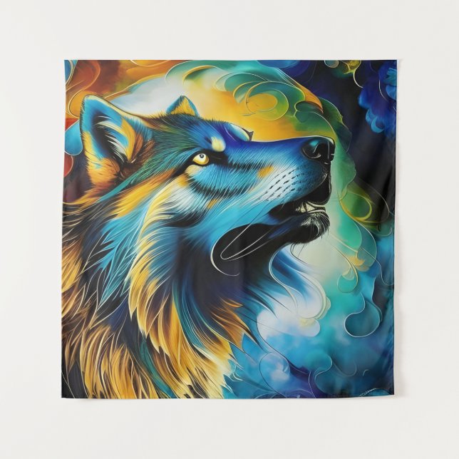 Colorful Wolf Howl Tapestry (Front)