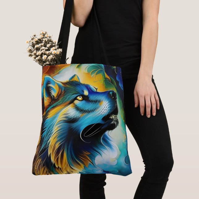 Colorful Wolf Howl Tote Bag (Close Up)