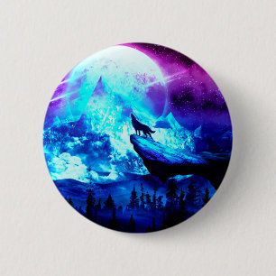Colorful wolf howling button