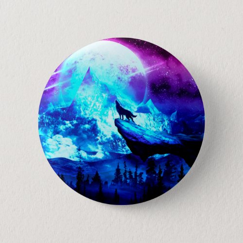 Colorful wolf howling button