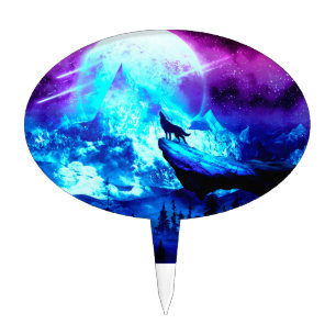 Colorful wolf howling cake topper