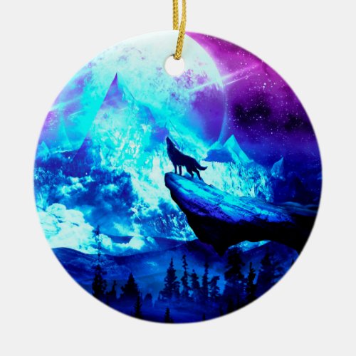 Colorful wolf howling ceramic ornament