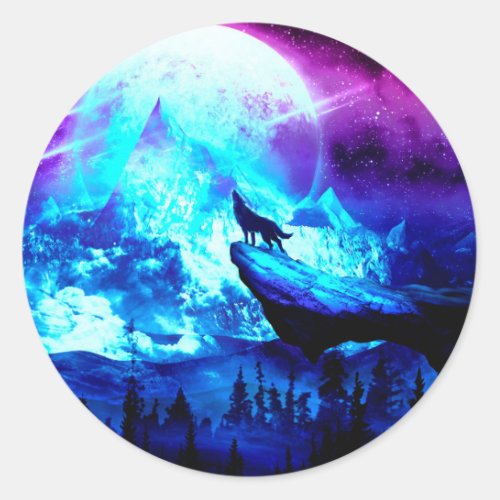 Colorful wolf howling classic round sticker
