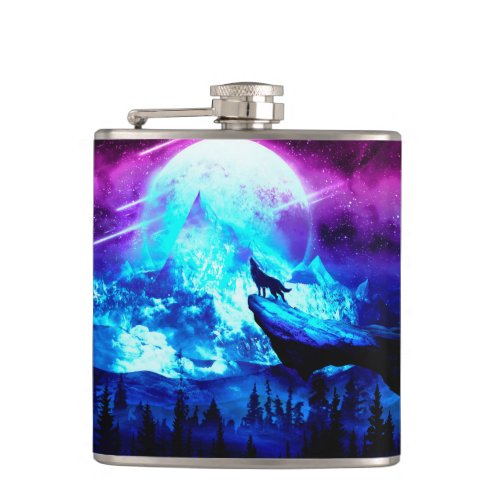 Colorful wolf howling flask