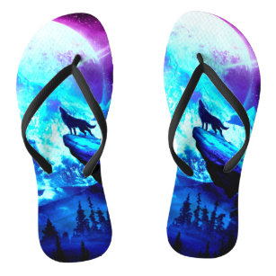 Colorful wolf howling flip flops
