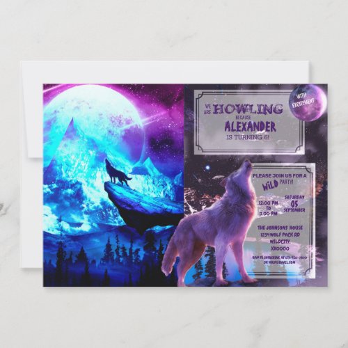 Colorful wolf howling invitation