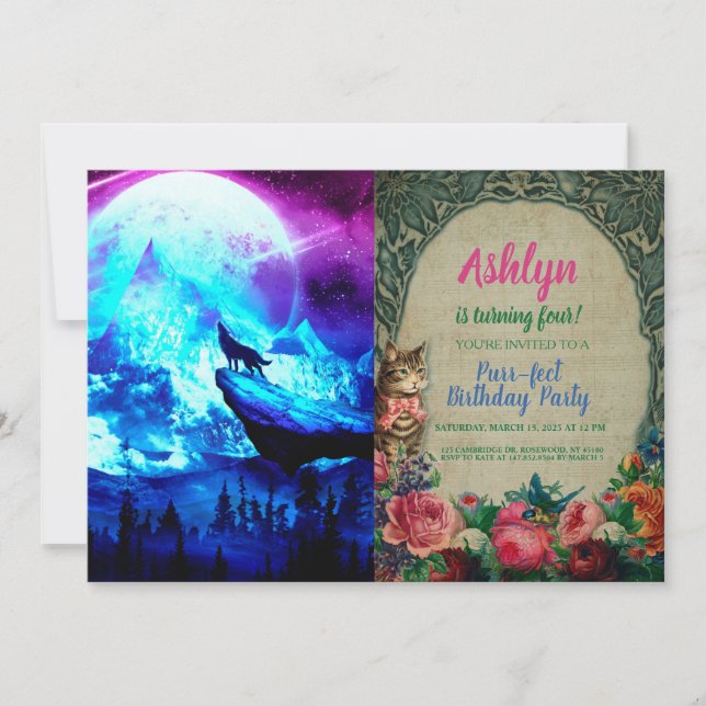Colorful wolf howling invitation (Front)