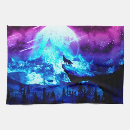 Colorful wolf howling kitchen towel