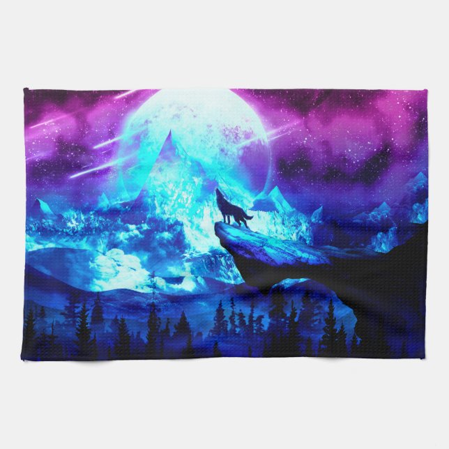 Colorful wolf howling kitchen towel (Horizontal)