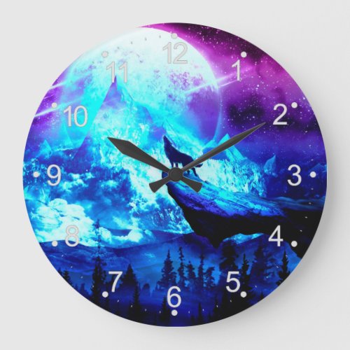 Colorful wolf howling large clock