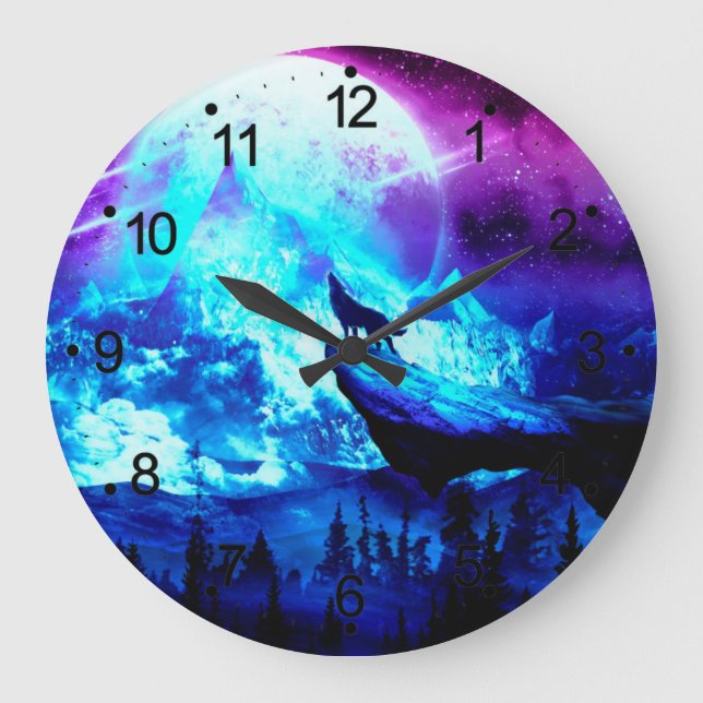 Colorful wolf howling large clock (Front)