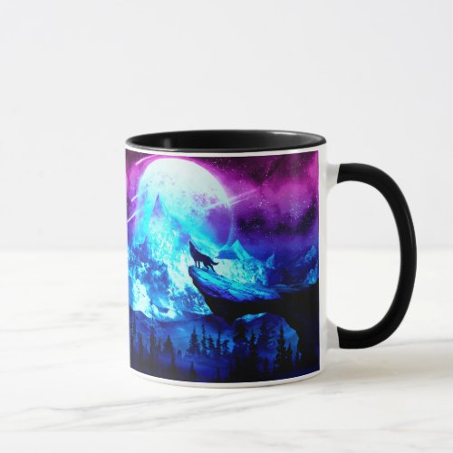 Colorful wolf howling mug