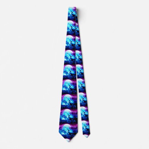 Colorful wolf howling neck tie