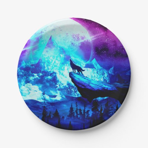 Colorful wolf howling paper plates