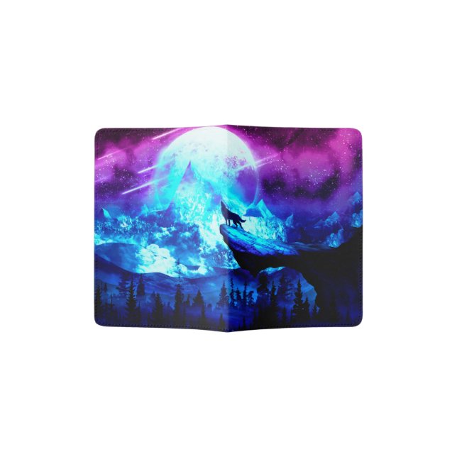 Colorful wolf howling passport holder (Opened)