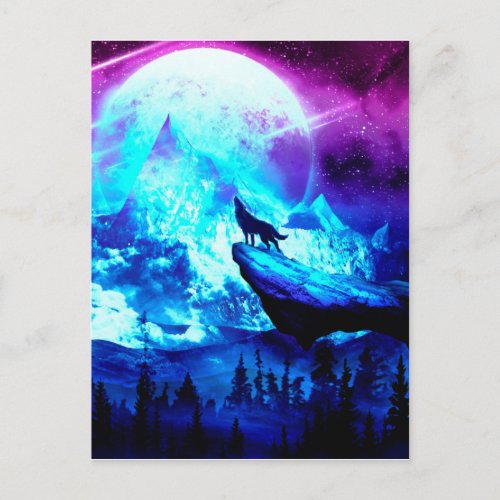 Colorful wolf howling postcard