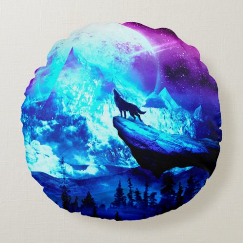 Colorful wolf howling round pillow