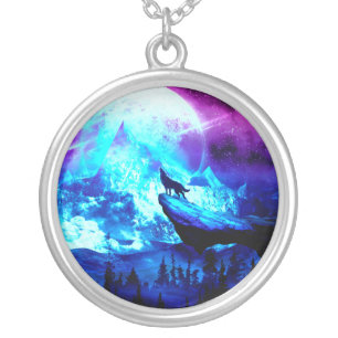 Colorful wolf howling silver plated necklace