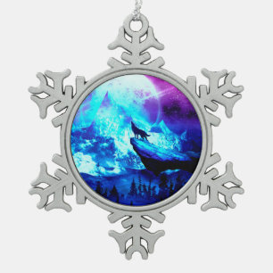 Colorful wolf howling snowflake pewter christmas ornament