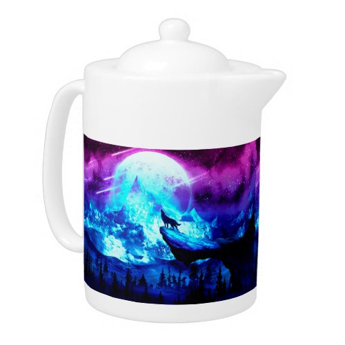 Colorful wolf howling teapot