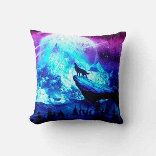 Colorful wolf howling throw pillow