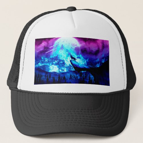 Colorful wolf howling trucker hat