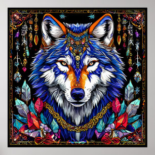 🐺 Colorful Wolf Jewelry Wild Fantasy Animal Art Poster