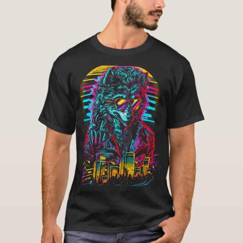 Colorful Wolf Lover Retro Cyberpunk Gangster Boho  T_Shirt